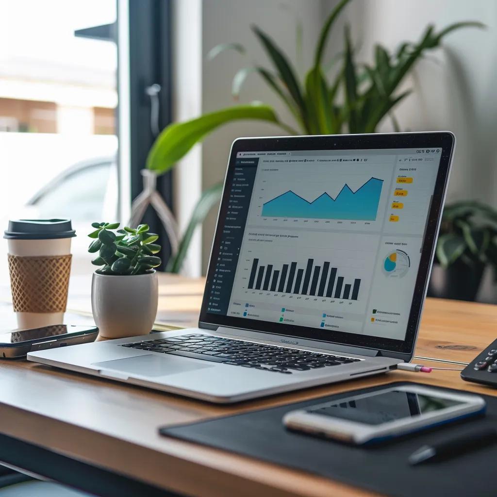 Modern workspace with laptop displaying hashtag analytics tools, emphasizing research for trending opportunities