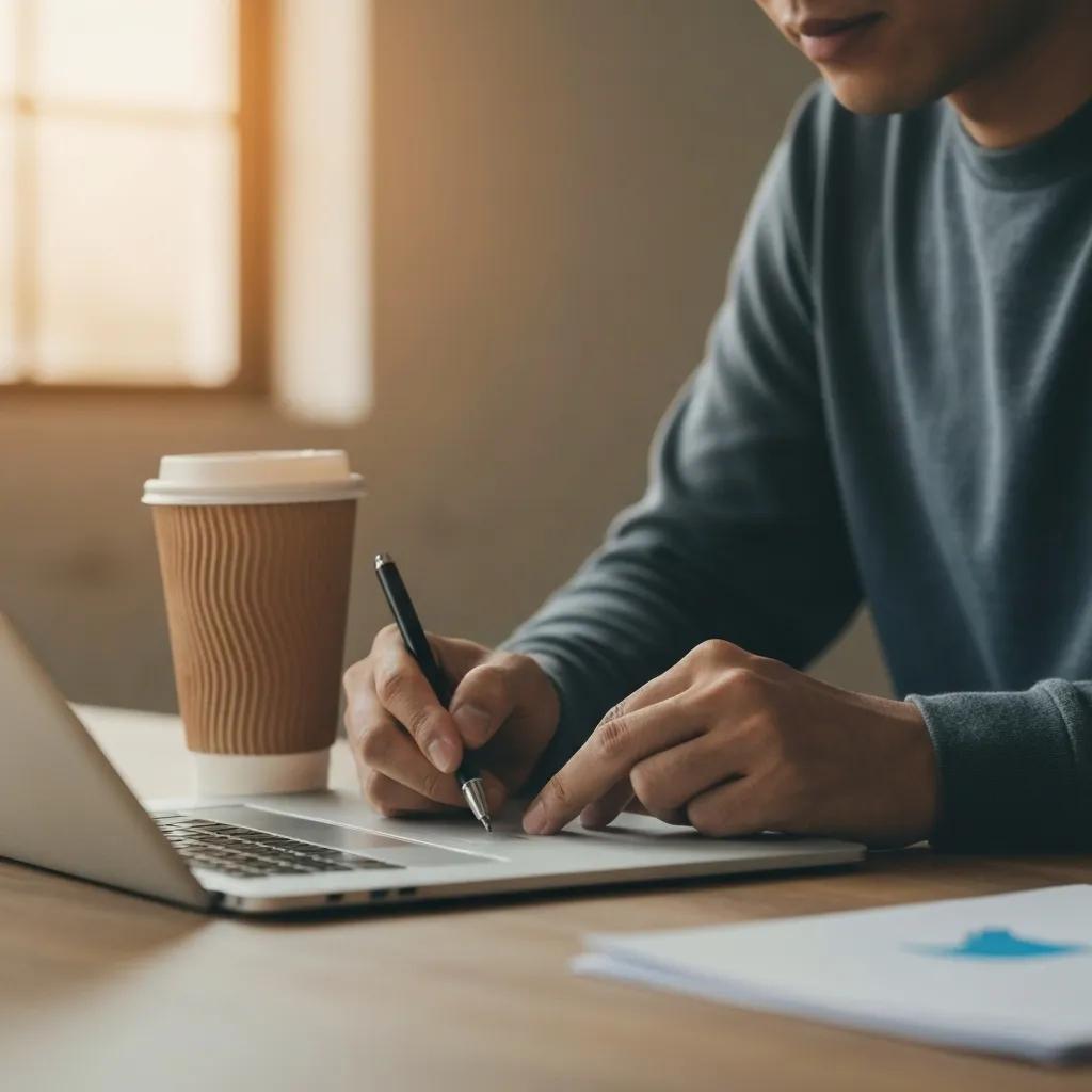 Person creating Twitter content in a cozy workspace, symbolizing organic growth strategies
