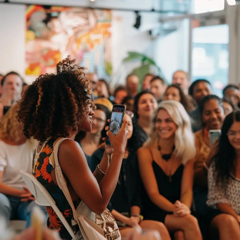 Influencer engaging with audience during a live event, showcasing community interaction and hashtag amplification