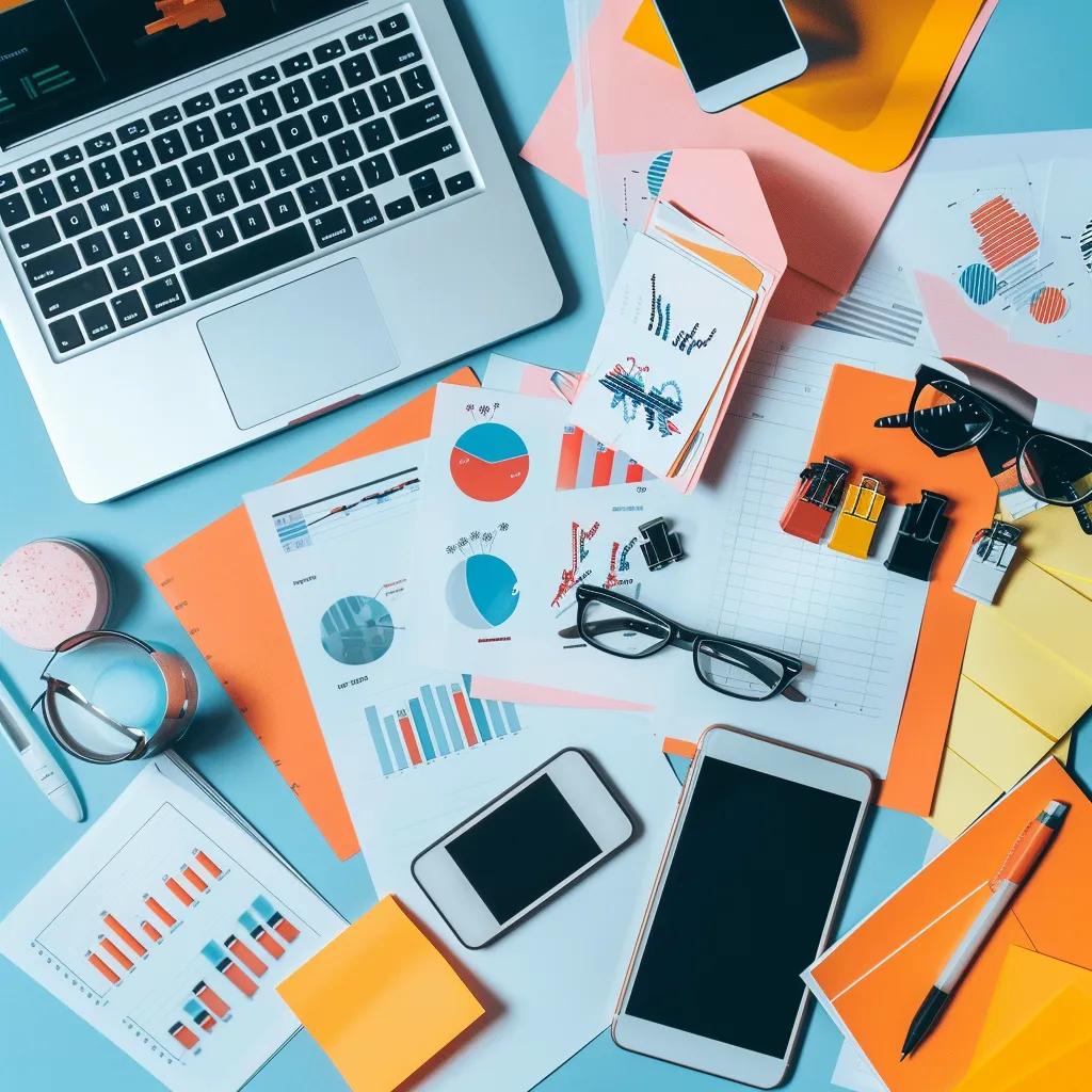 Flat lay of digital tools for hashtag research, including laptop and smartphone, highlighting research importance