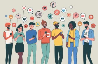 Diverse group of people using smartphones with social media icons, representing hashtag engagement