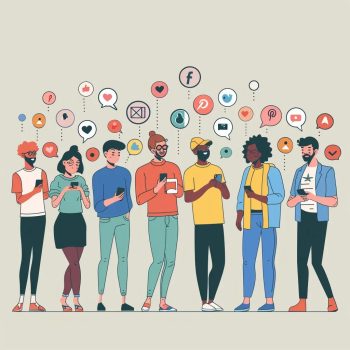 Diverse group of people using smartphones with social media icons, representing hashtag engagement