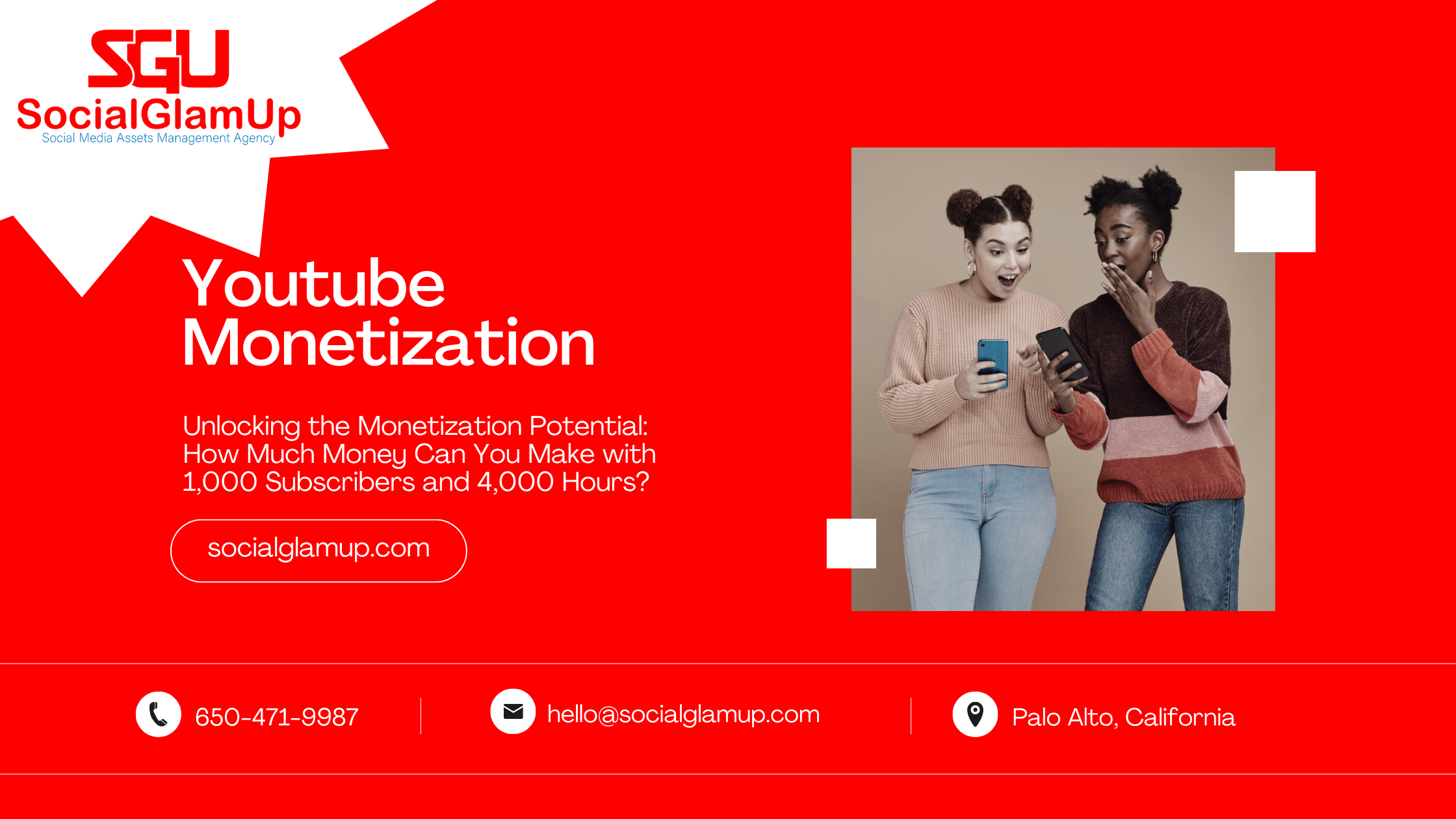 Want to grow your YouTube channel to 1,000 subscribers and 4,000 hours? Use SocialGlamUp! We're a social media growth service that can help you get more views, subscribers, and engagement on your videos. With SocialGlamUp, you can earn an estimated $100 per month once you reach these milestones.
